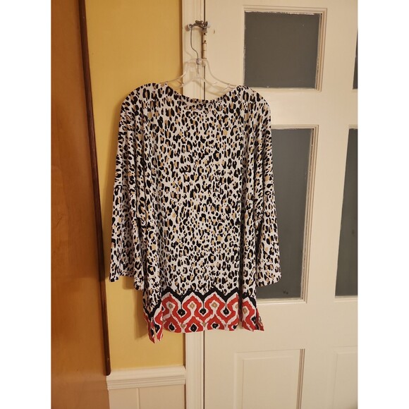 Chico's Leopard-Print 3/4 Sleeves Tunic Top w/ Red Trim Size 2 US 12/14 - Picture 8 of 9